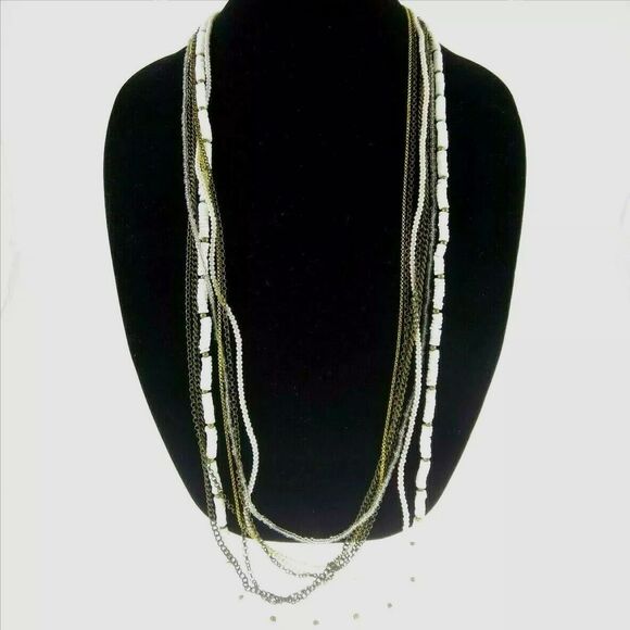 CHICO'S  Antiqued Bronze, Faux-Pearl & Shell Beaded Multi-Strand Necklace, 38" - Picture 1 of 4